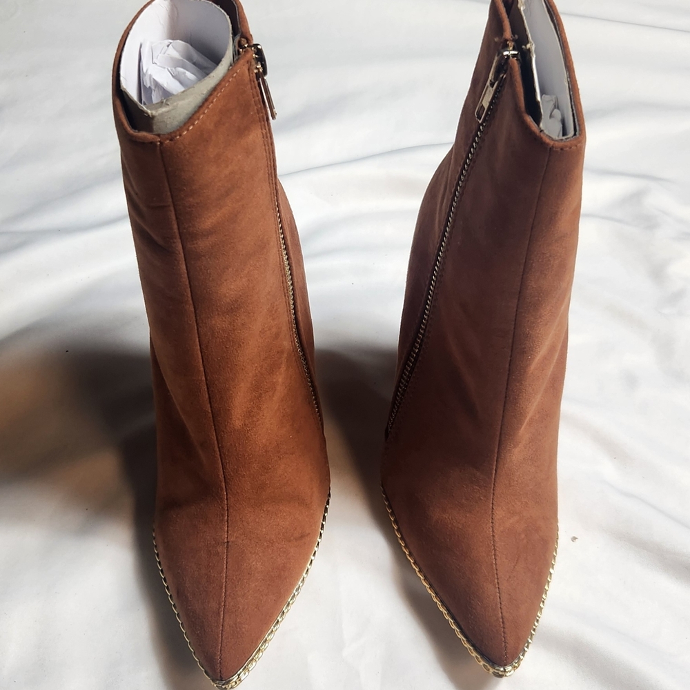 Tibi Tan Suede Ankle Boots with Gold Trim